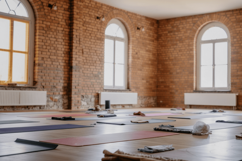 Przestronne studio jogi z ceglanymi ścianami i łukowatymi oknami. Na drewnianej podłodze rozłożonych jest kilka mat do jogi, a na każdej z nich znajdują się rekwizyty, takie jak ręczniki, klocki i butelki z wodą, gotowe do zajęć.