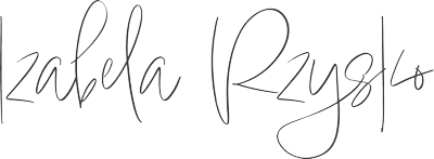 Odręczny podpis pisany kursywą imienia i nazwiska Izabela Rzyska cienkim, eleganckim czarnym tuszem na jasnym tle.