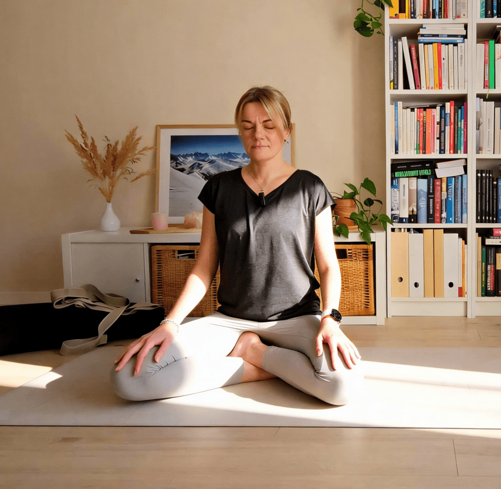 Kobieta siedzi ze skrzyżowanymi nogami na macie do jogi w jasnym pokoju, z zamkniętymi oczami i rękami opartymi na kolanach, z półkami z książkami i roślinami w tle.