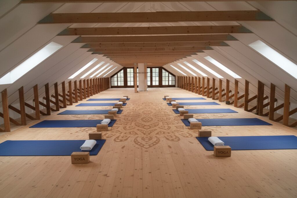 Przestronne, wypełnione światłem studio jogi na poddaszu z drewnianymi podłogami, niebieskimi matami, klockami do jogi i złożonymi ręcznikami starannie ułożonymi w rzędach, naprzeciwko dużych okien na drugim końcu.