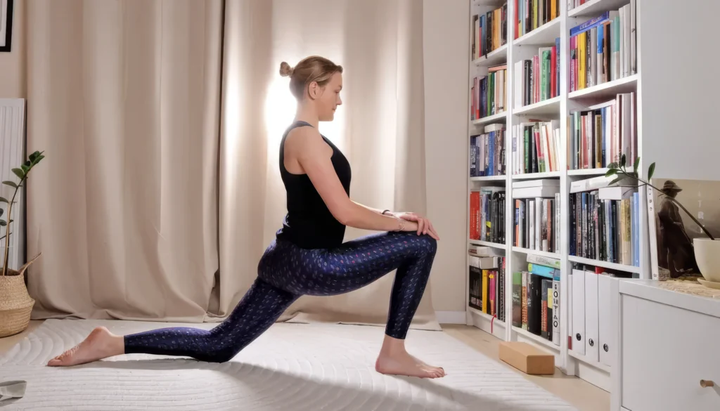 Kobieta w sportowym stroju ćwiczy niską pozycję jogi w pomieszczeniu na dywanie, z rękami opartymi na przednim kolanie. Stoi twarzą do półki z książkami, a światło słoneczne przenika przez zasłony za nią.